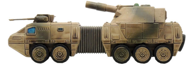 C4H6 with a huge 20cm rocket assisted artillery turret and a heavy support weapon on the forward section. These are connected by a flexible joint.