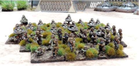 All of the infantry with vehicles to the rear