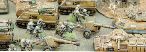 Infantry and gun crew deploy from the backs of Kunista APCs acting as Prime Movers for the Tyche anti-tank weapons