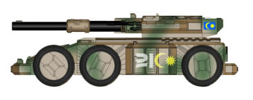 Denel A20 Rhino Gun System is armed with a 9cm railgun, 3cm coaxial autocannon, twin Light Lasers and a heavy support weapon