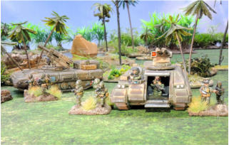 Infantry deploy from the front access ramp of a Heavy APC while a Vombat Terminator stands guard to the rear.